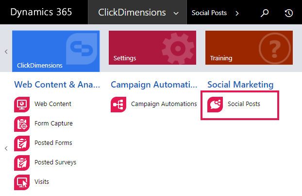 Screen grab of Click Dimensions page with social posts highlighted