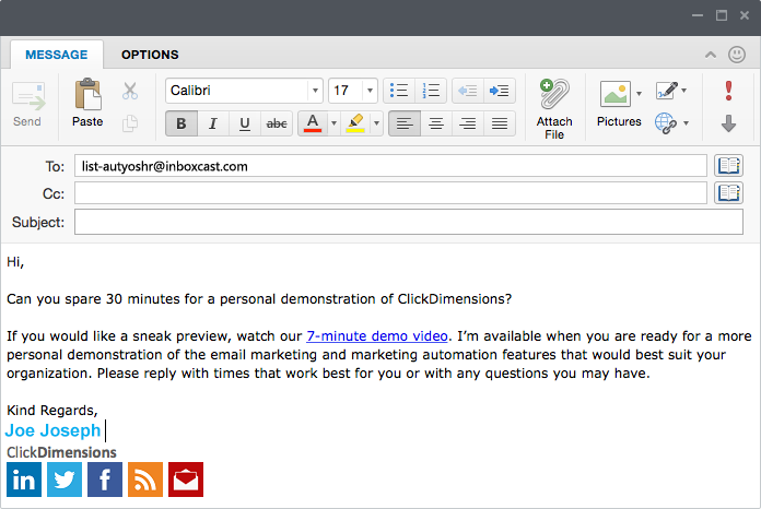 Screen grab of ClickDimensions email message