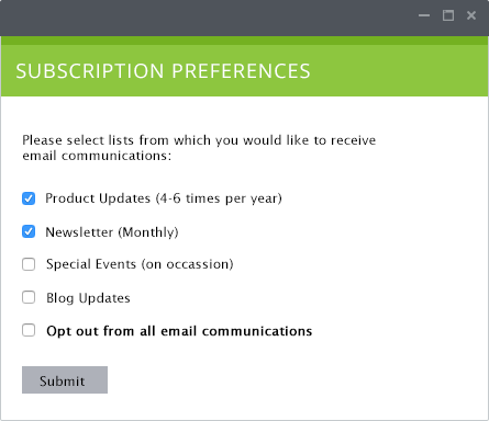 Screen grab of subscription preferences in ClickDimensions