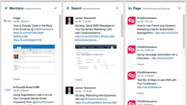 Screen grab of ClickDimensions SMS and SE streams