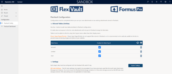 FlexVault Seetings Page