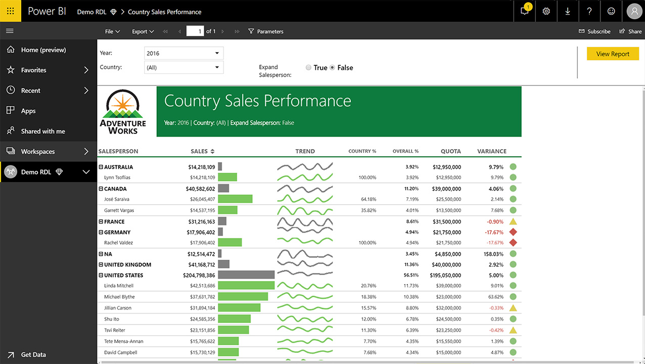 Screen grab showing Power BI sales performance example
