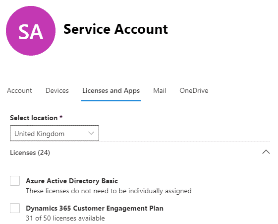 Screen grab of service account license page