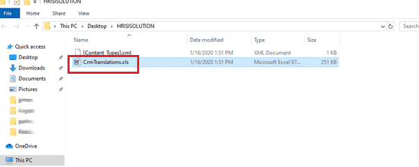 Screen grab illustrating changing CrmTranslations file from xml to xls