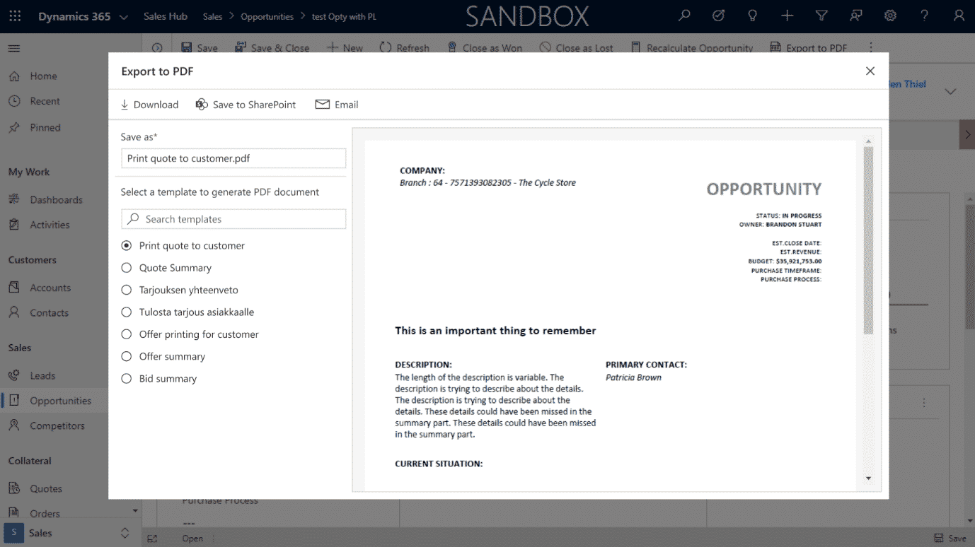 Screen grab of opportunity page in Dynamics 365 for sales