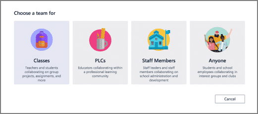 Suggested options for Team types in an educational context using Microsoft Teams