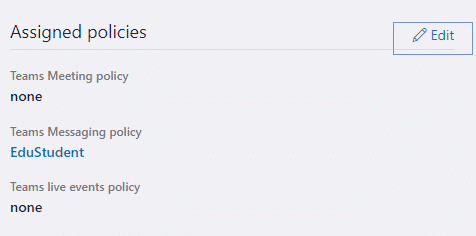 Screen grab of assigned policies within Microsoft Teams