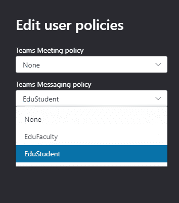 Screen grab of user policies editor in Microsoft Teams
