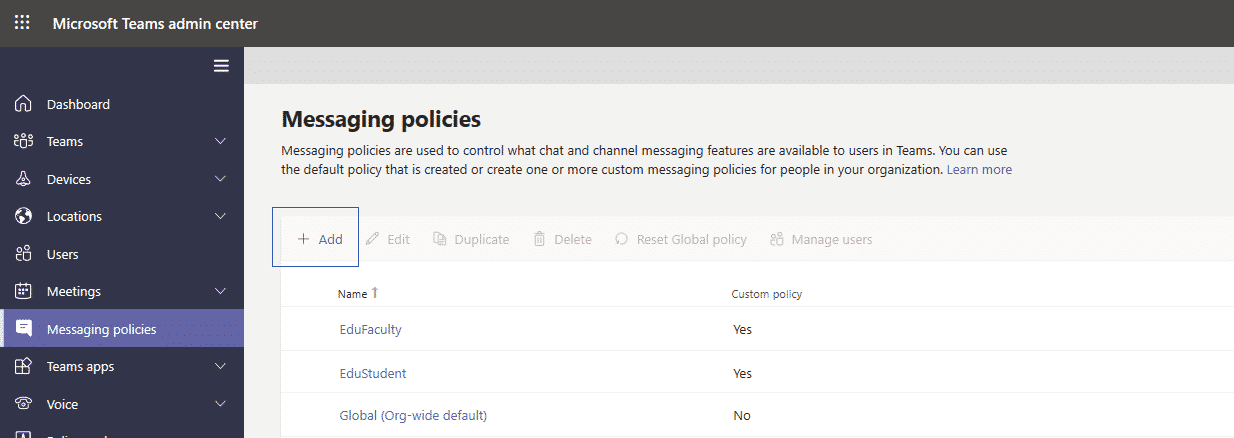 Screen grab of messaging policy options within Microsoft teams