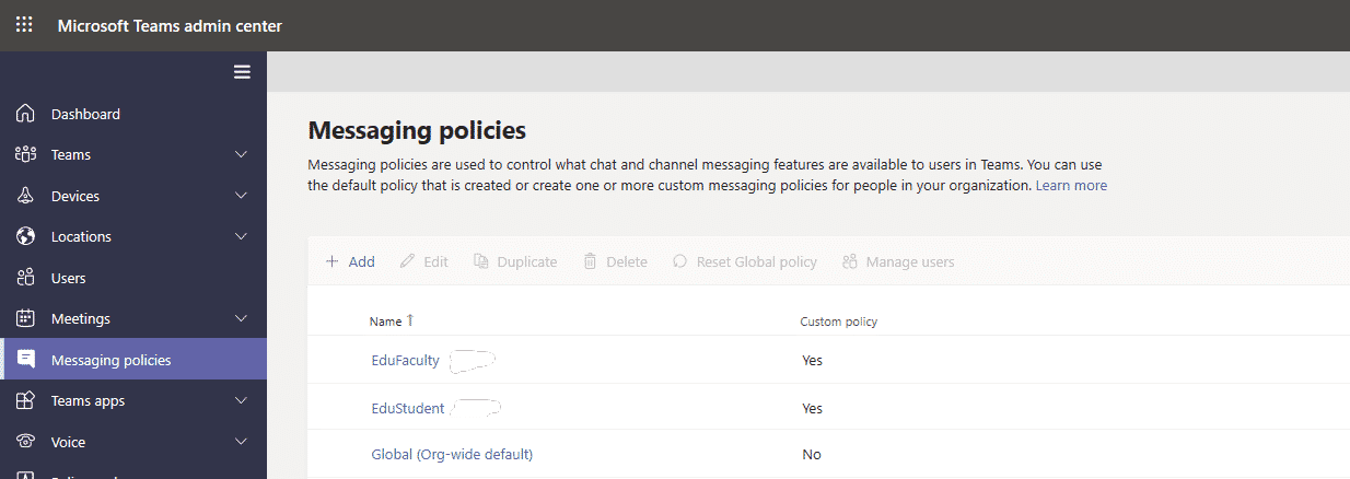 Screen grab of customised messaging policy options within Microsoft teams