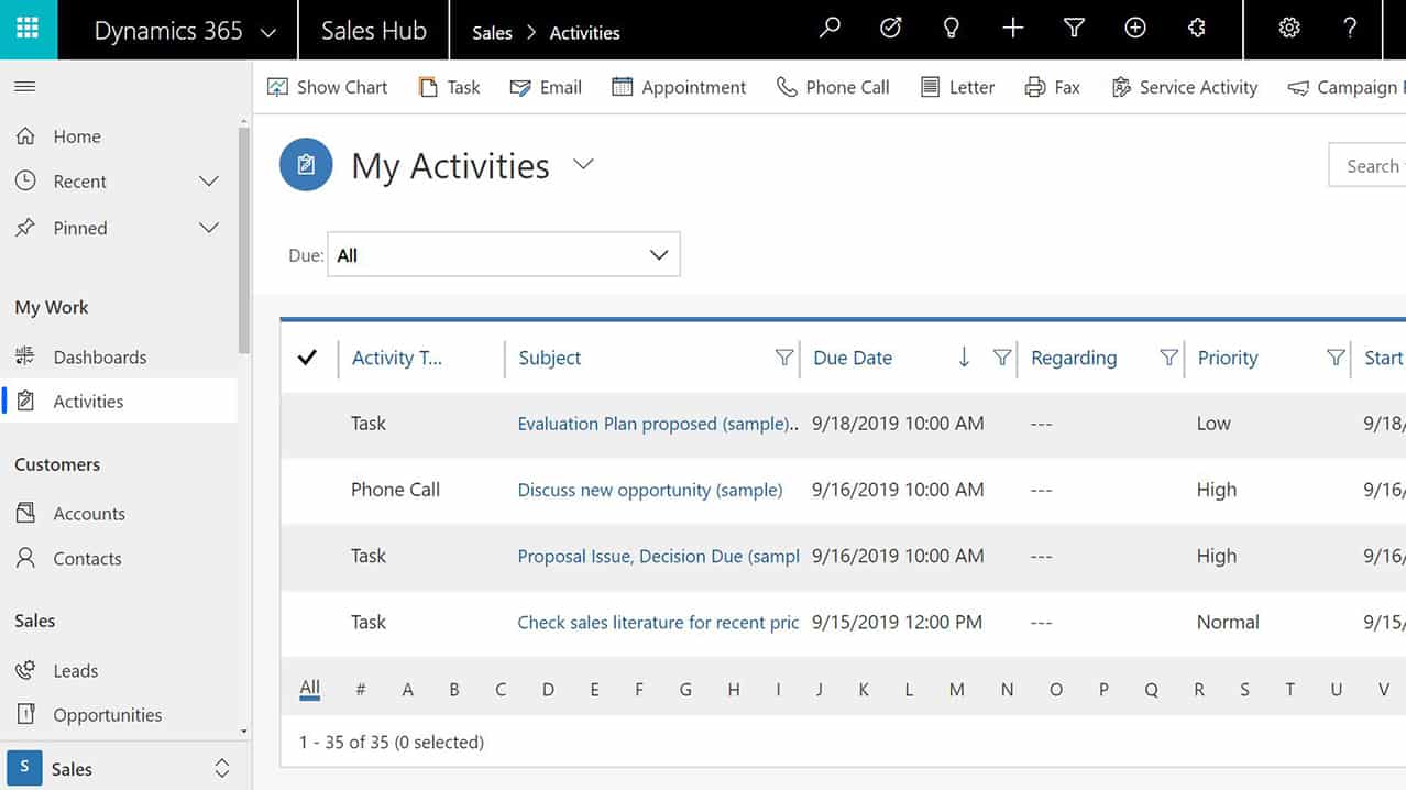 Screen grab of Dynamics 365 for sales user interface