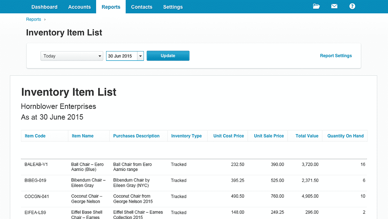 Screen grab of Xero inventory page