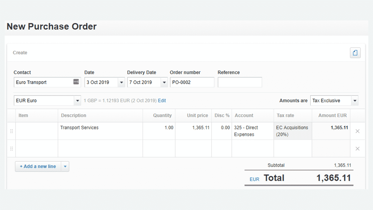 Screen grab of Xero purchase order
