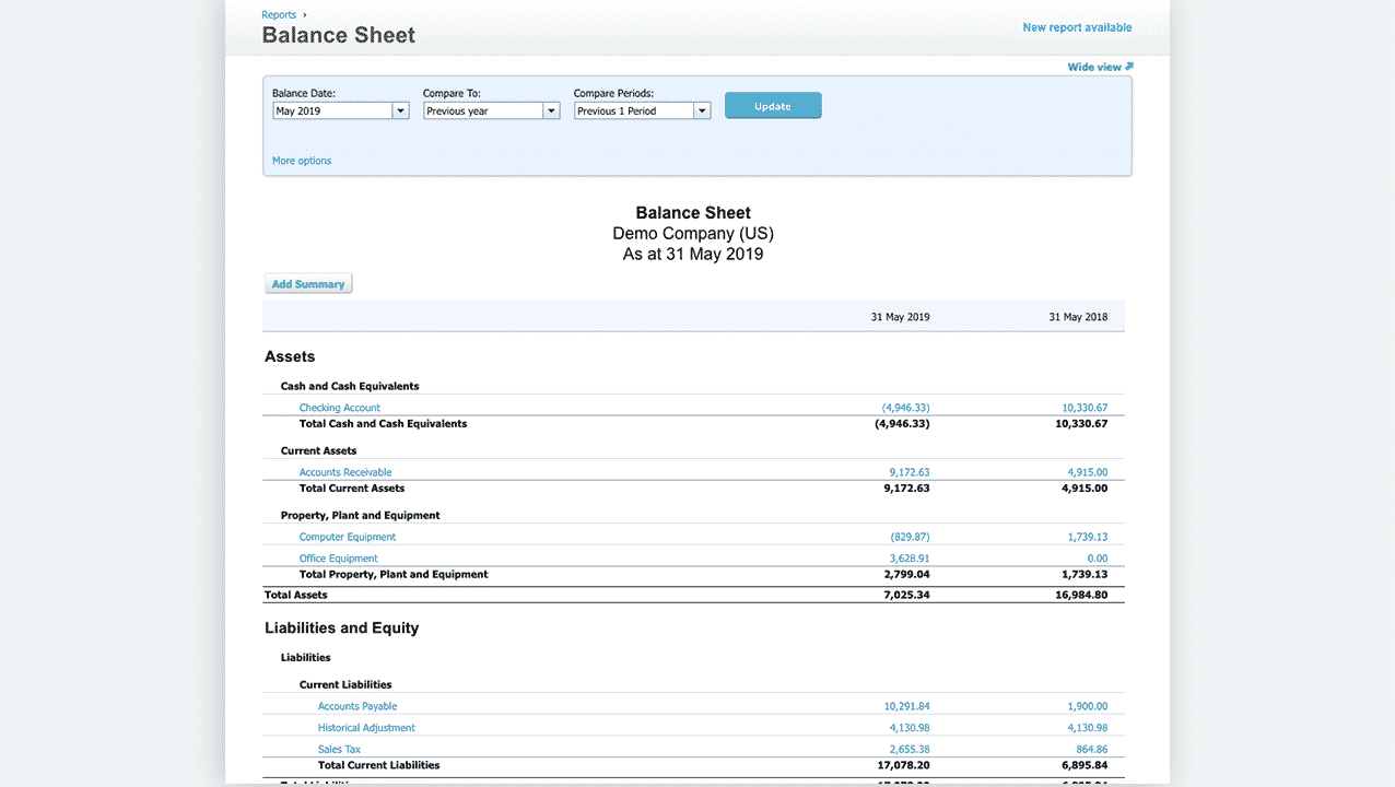 Screen grab of Xero reporting balance sheet