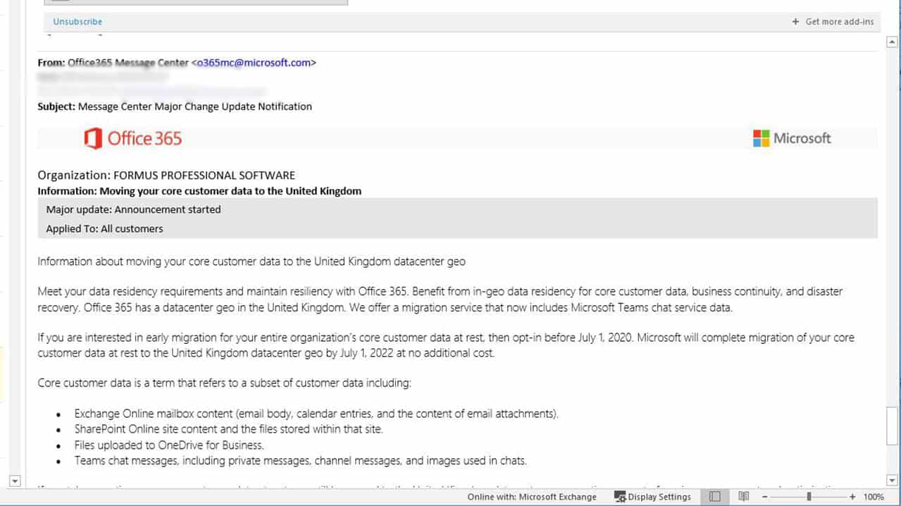 Sample email regarding data migration in Office 365