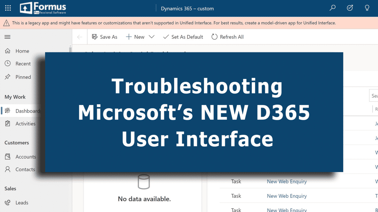 Screen grab of troubleshooting D365's new interface